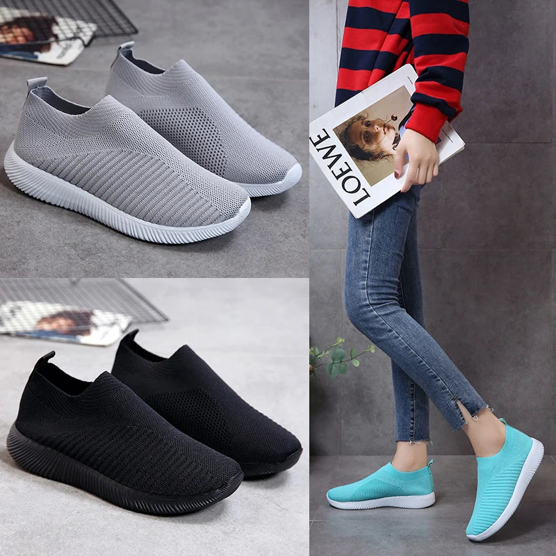 Knitted Sneakers for Women 2024 Autumn Slip on Breathable Mesh Casual Shoes Woman Flat Heels Plus Size Loafers Zapatos Mujer