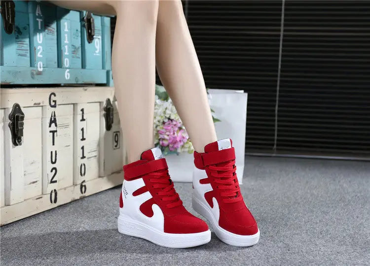 Red Sneakers Women 2024 New High Top Platform Casual Wedges Autumn Winter Female Black Internal Increase Vulcanize Shoes Lace-up