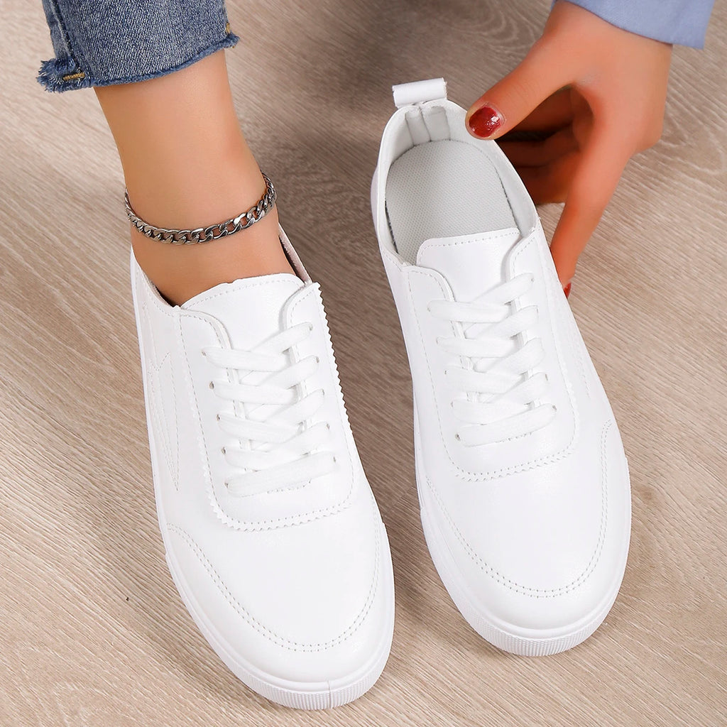 2026 Women Leather Pu Casual Shoes Woman Shoes New Fashion Platform White Shoes Sneakers Breathable Lace-Up Women Sneakers 8789