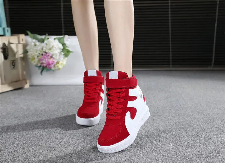 Red Sneakers Women 2024 New High Top Platform Casual Wedges Autumn Winter Female Black Internal Increase Vulcanize Shoes Lace-up