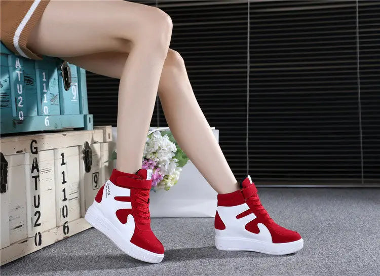 Red Sneakers Women 2024 New High Top Platform Casual Wedges Autumn Winter Female Black Internal Increase Vulcanize Shoes Lace-up
